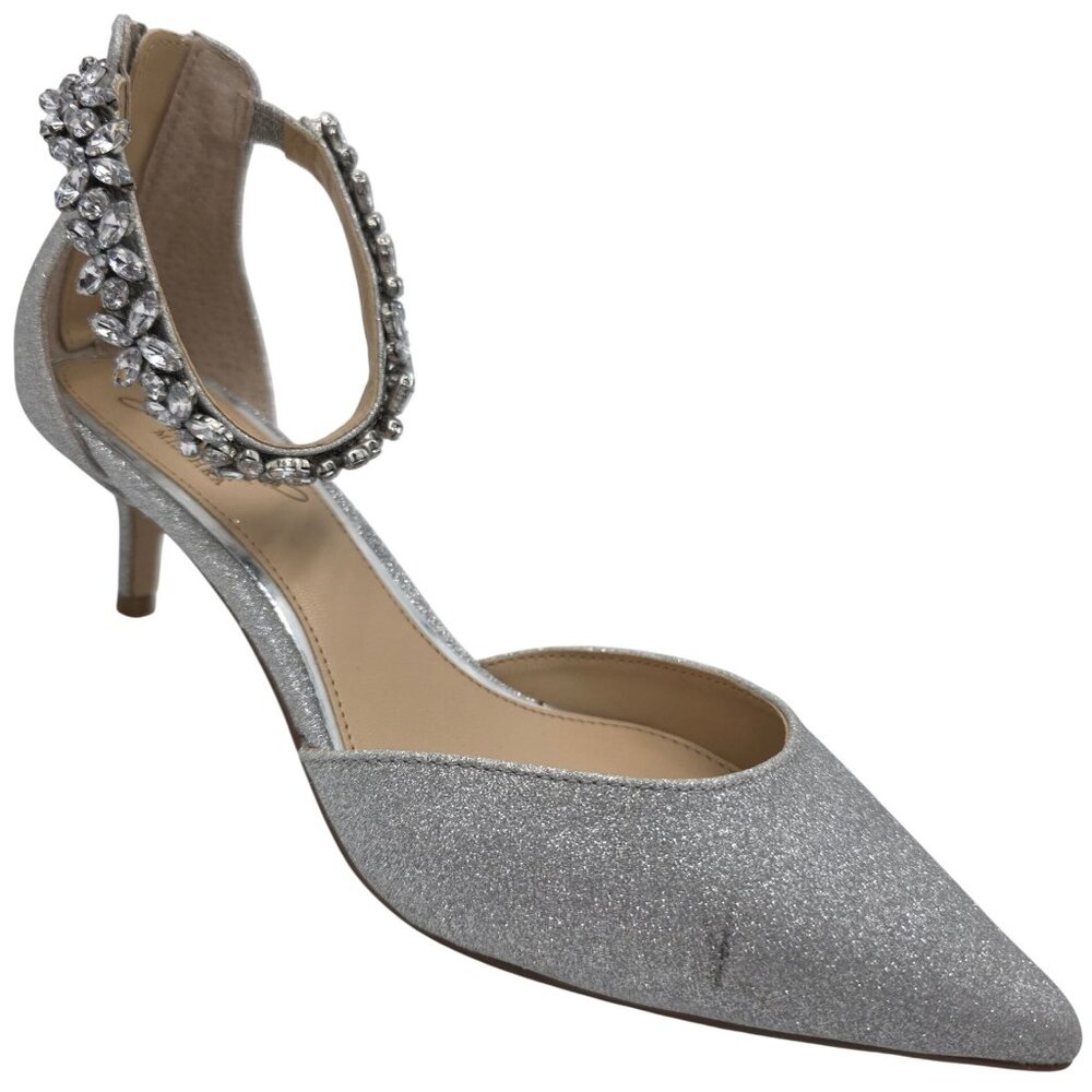 Jewel Badgley Mischka Womens 7.5 Silver Robles Crystal Kitten Heels Evening Pump